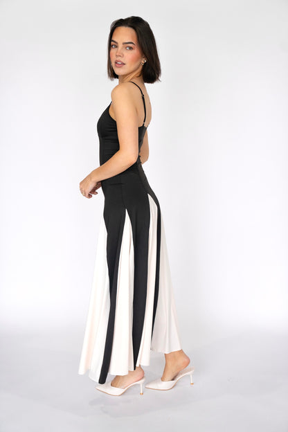 Noir Elegance Two-Tone Maxi Dress