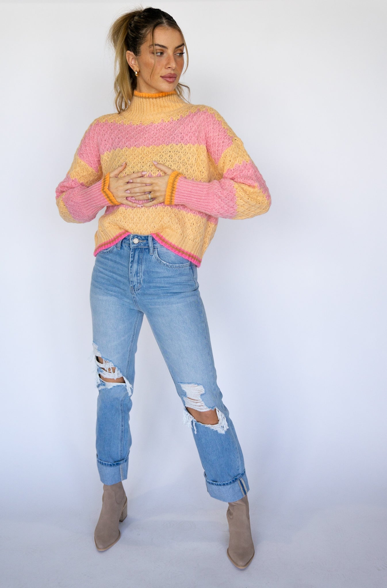 Multi Stripe High Neck Sweater